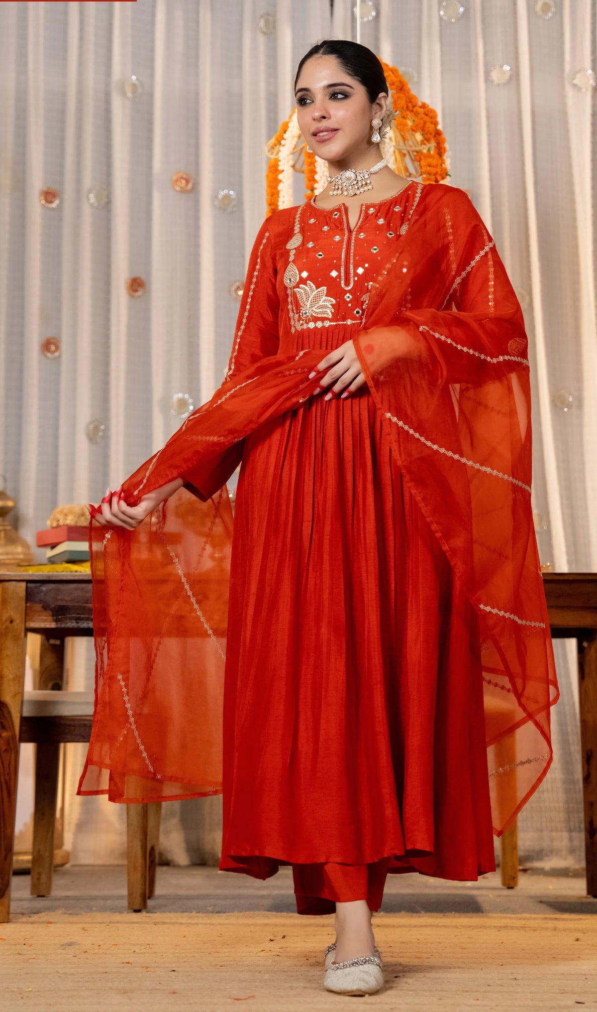 Elegant Orange Embroidered Anarkali Kurta Set with Organza Dupatta for Women