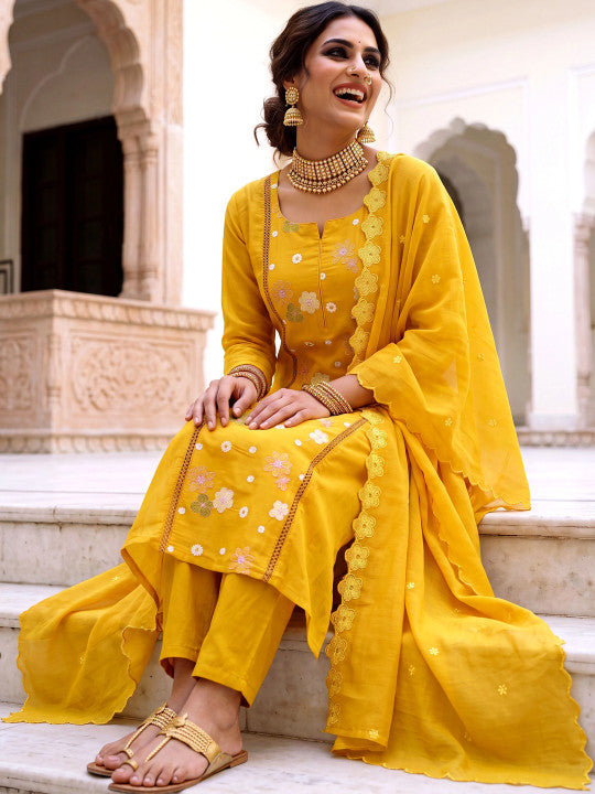Adevira Floral Embroidered Work Silk Kurta with Trousers & Dupatta