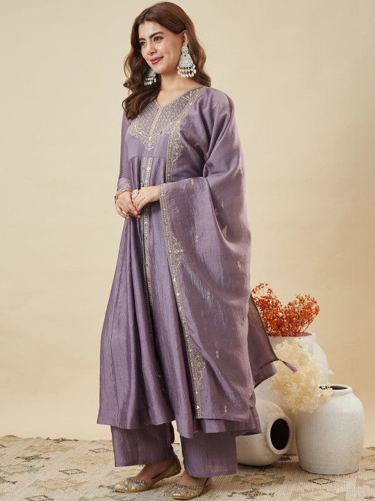 Adevira Silk Embroidered Anarkali Kurta And Palazzo Set With Dupatta
