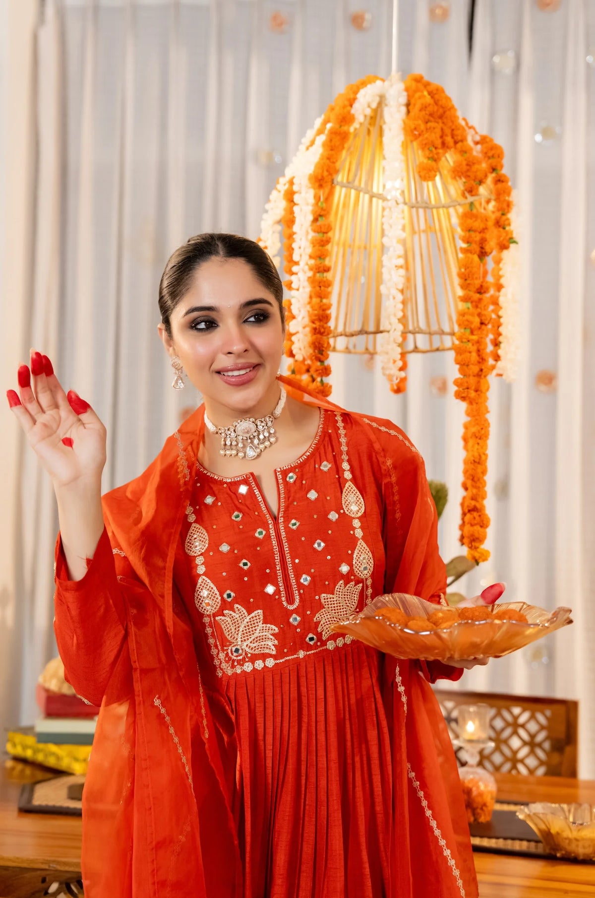 Elegant Orange Embroidered Anarkali Kurta Set with Organza Dupatta for Women