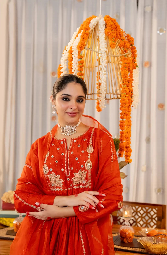 Elegant Orange Embroidered Anarkali Kurta Set with Organza Dupatta for Women