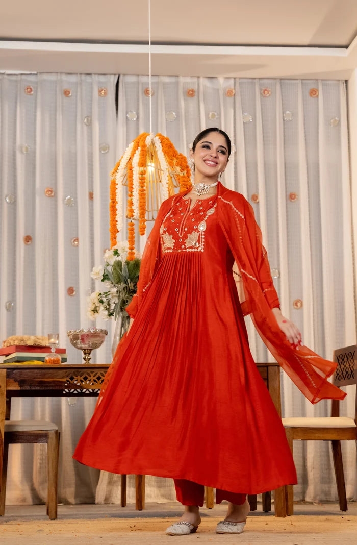 Elegant Orange Embroidered Anarkali Kurta Set with Organza Dupatta for Women