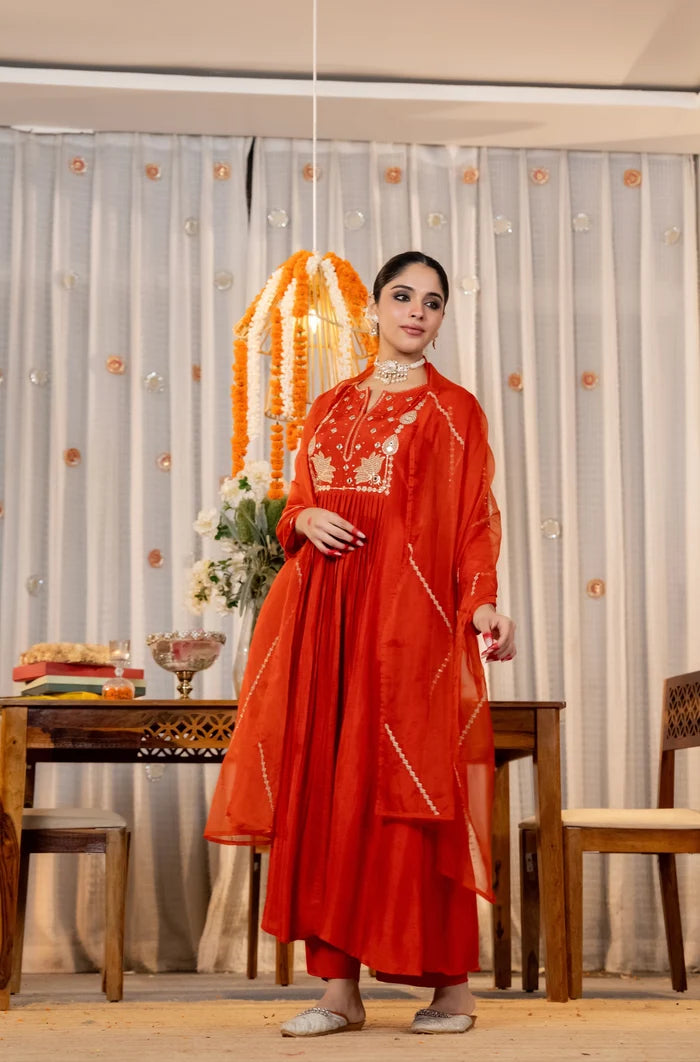Elegant Orange Embroidered Anarkali Kurta Set with Organza Dupatta for Women