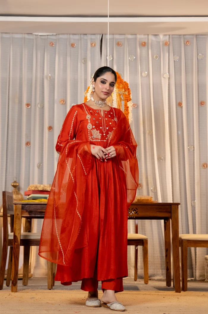 Elegant Orange Embroidered Anarkali Kurta Set with Organza Dupatta for Women