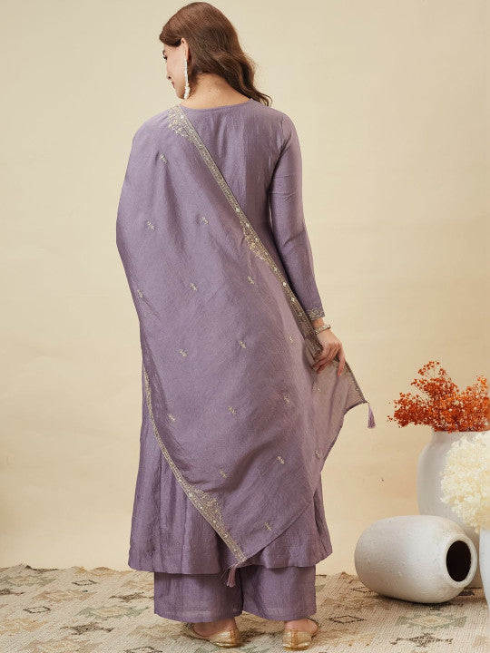 Adevira Silk Embroidered Anarkali Kurta And Palazzo Set With Dupatta