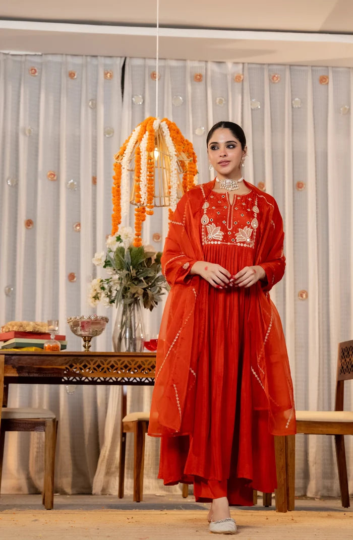 Elegant Orange Embroidered Anarkali Kurta Set with Organza Dupatta for Women