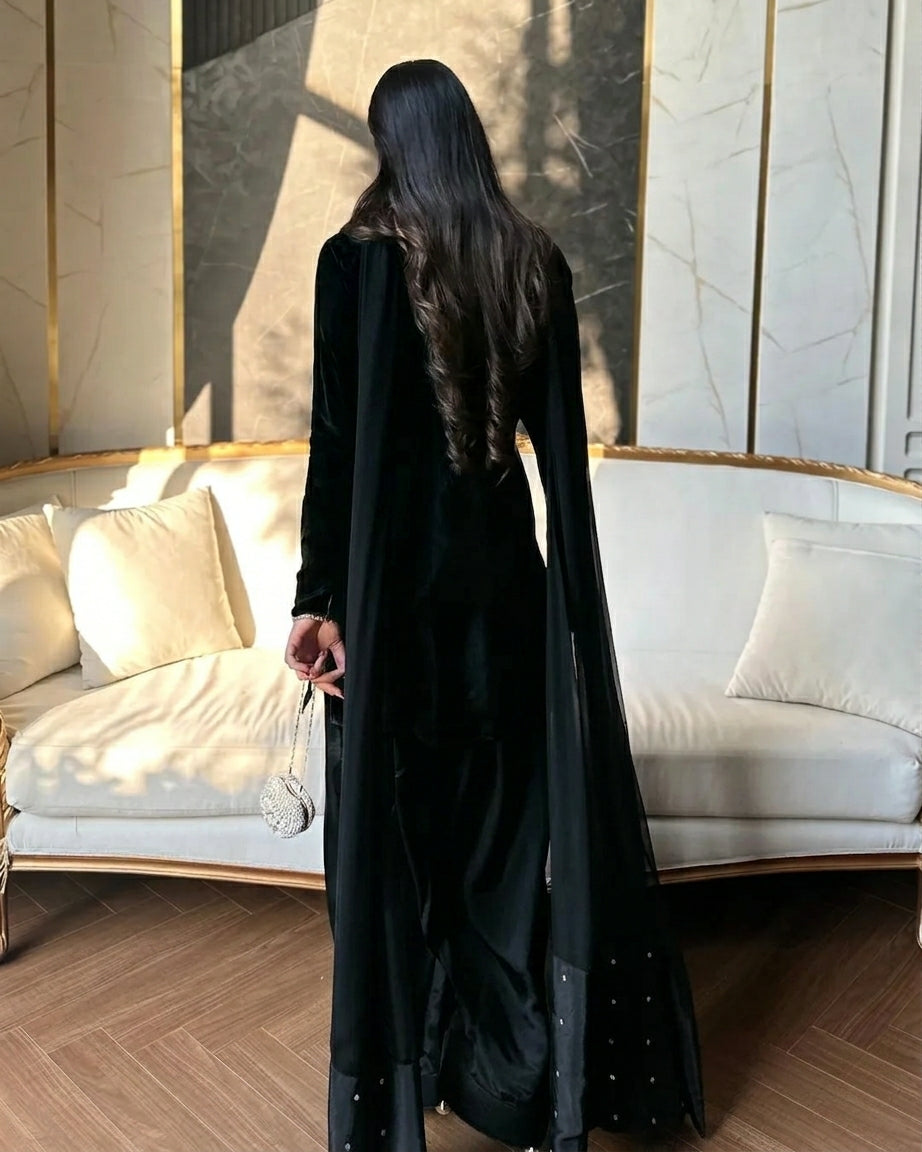 Black Heavy georgette silk dupatta with embroidery and moti embellishment