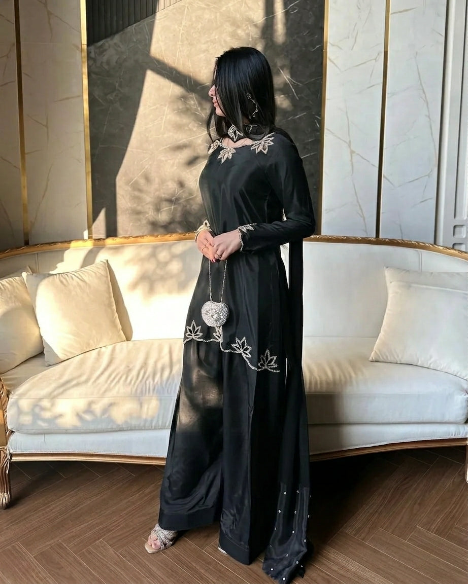 Black Heavy georgette silk dupatta with embroidery and moti embellishment