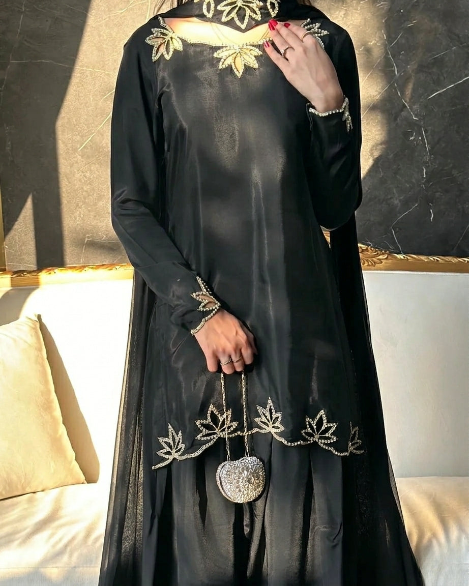 Black Heavy georgette silk dupatta with embroidery and moti embellishment