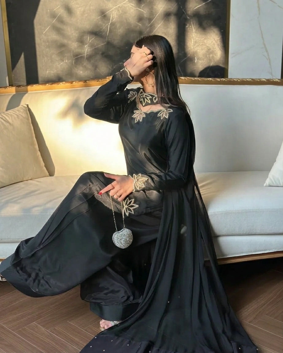 Black Heavy georgette silk dupatta with embroidery and moti embellishment