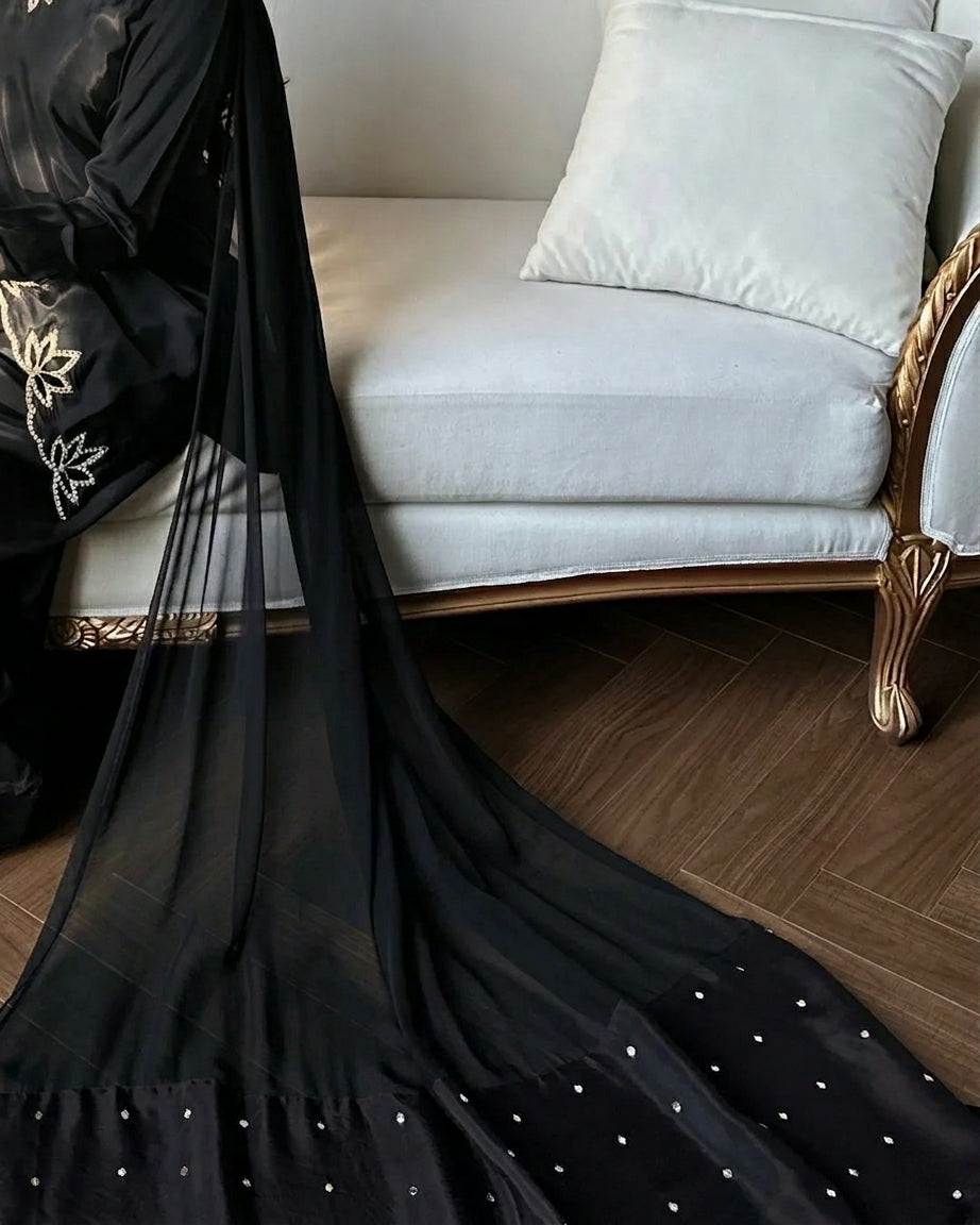 Black Heavy georgette silk dupatta with embroidery and moti embellishment