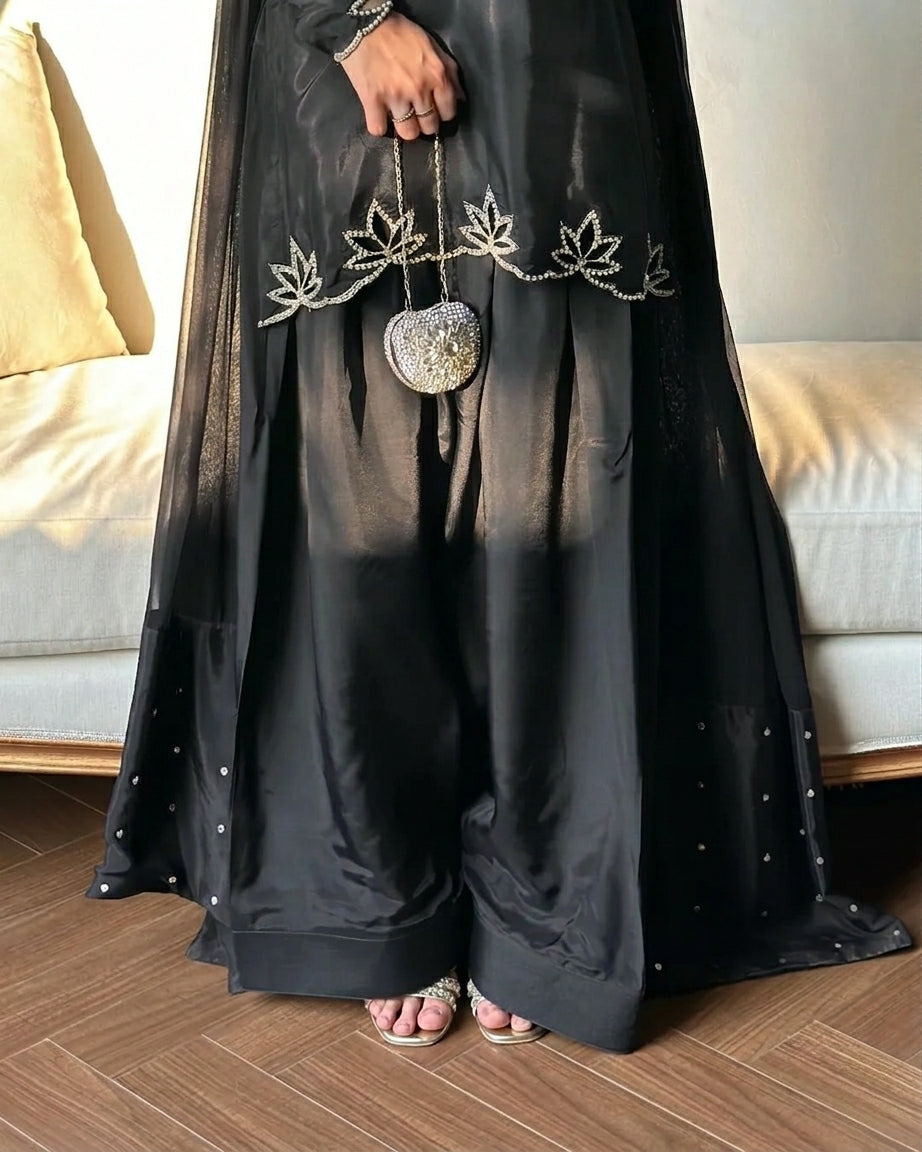 Black Heavy georgette silk dupatta with embroidery and moti embellishment