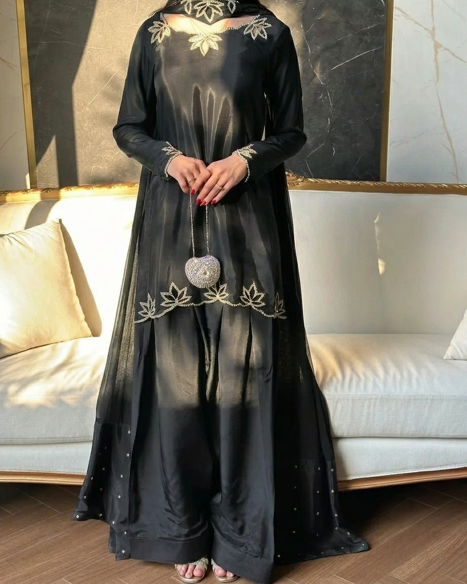 Black Heavy georgette silk dupatta with embroidery and moti embellishment
