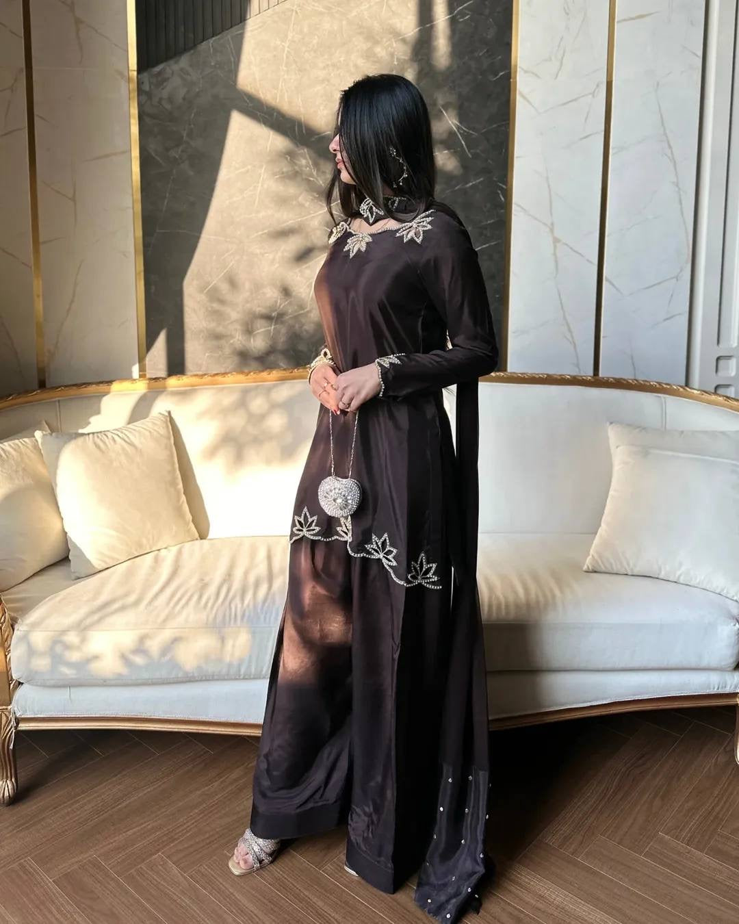 Brown Heavy georgette silk dupatta with embroidery and moti embellishment