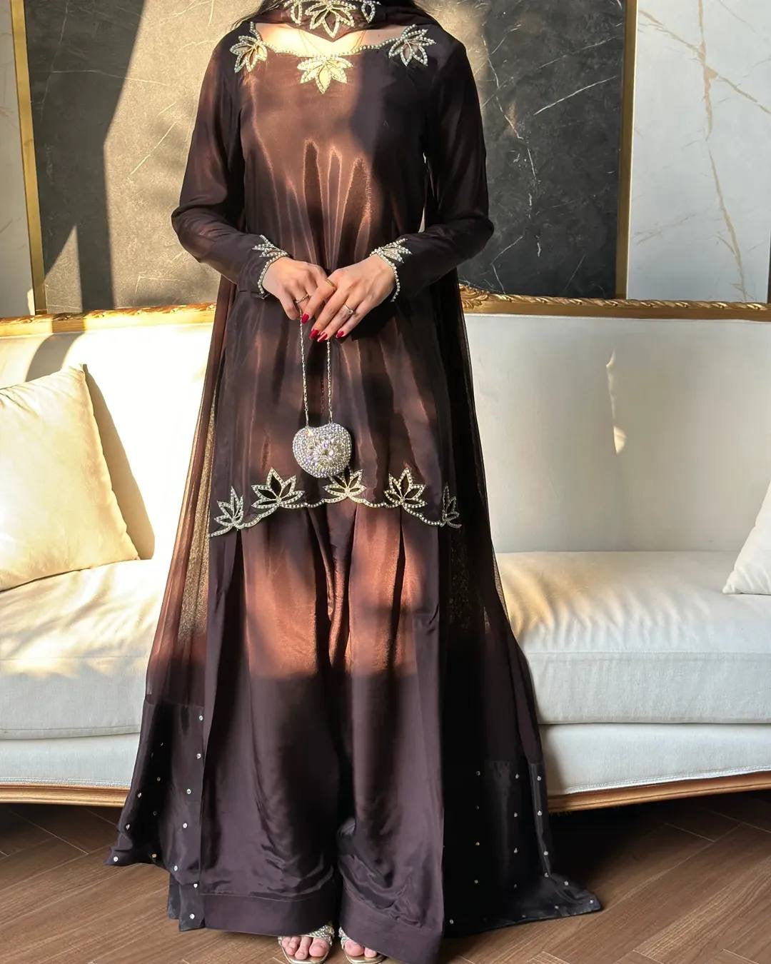 Brown Heavy georgette silk dupatta with embroidery and moti embellishment