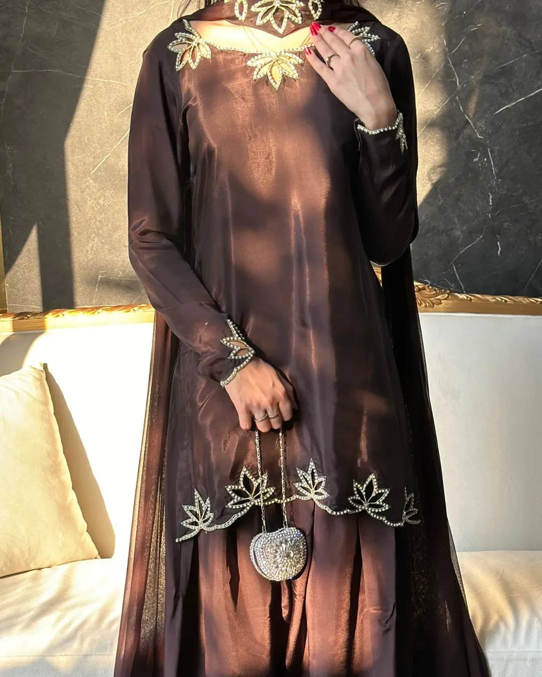 Brown Heavy georgette silk dupatta with embroidery and moti embellishment