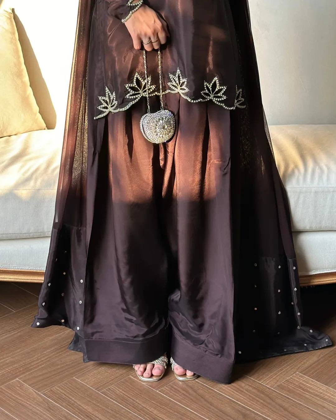 Brown Heavy georgette silk dupatta with embroidery and moti embellishment