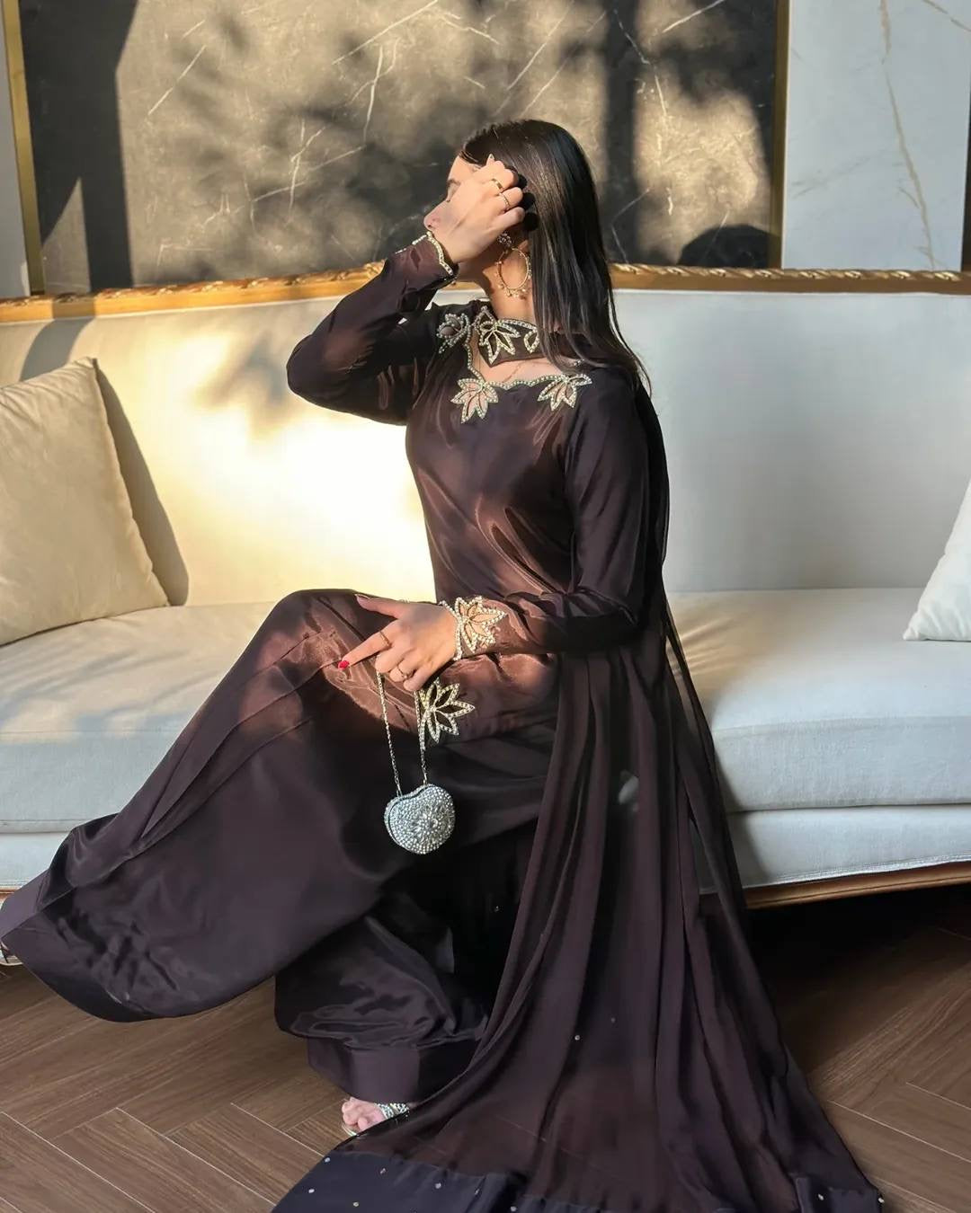 Brown Heavy georgette silk dupatta with embroidery and moti embellishment