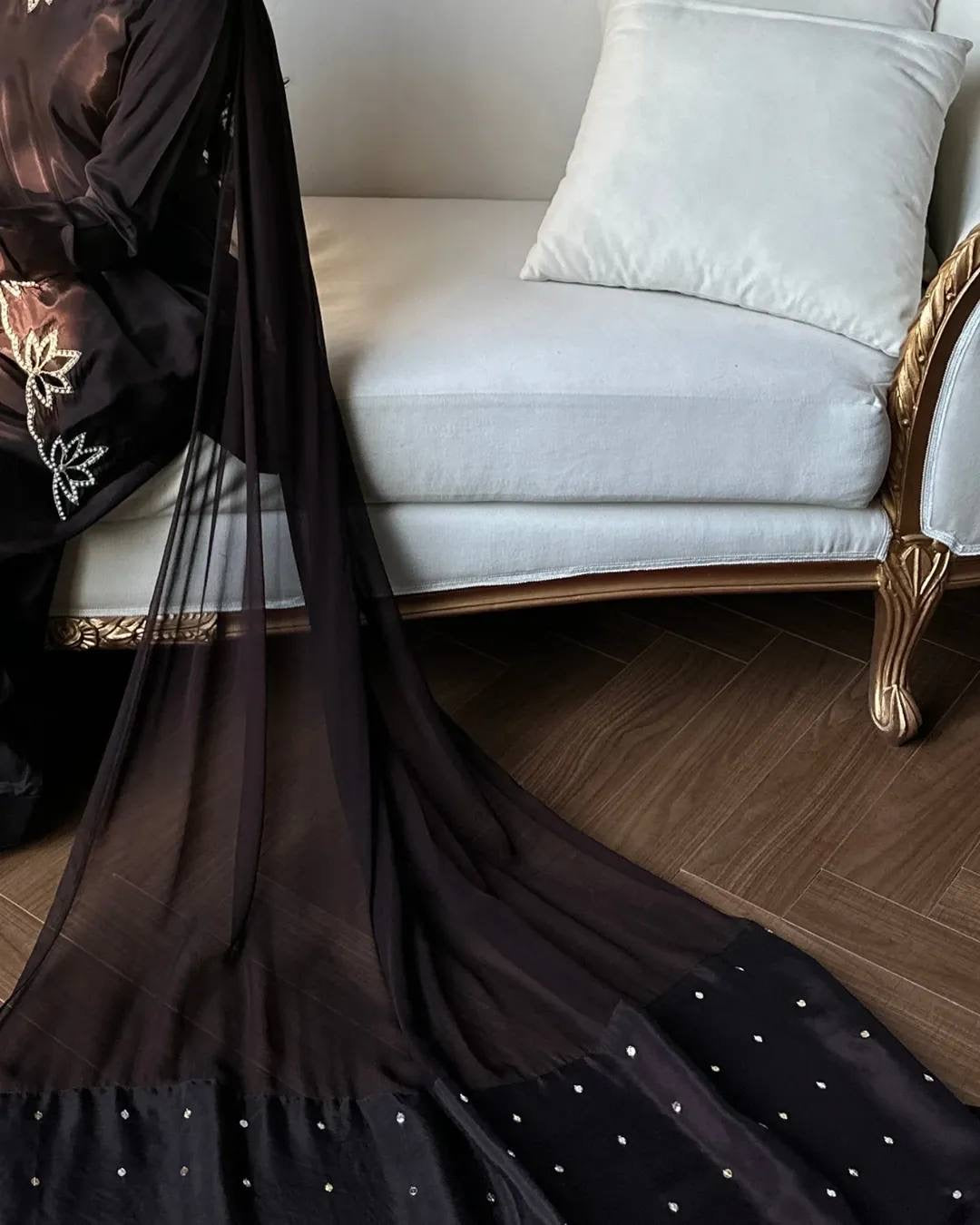 Brown Heavy georgette silk dupatta with embroidery and moti embellishment