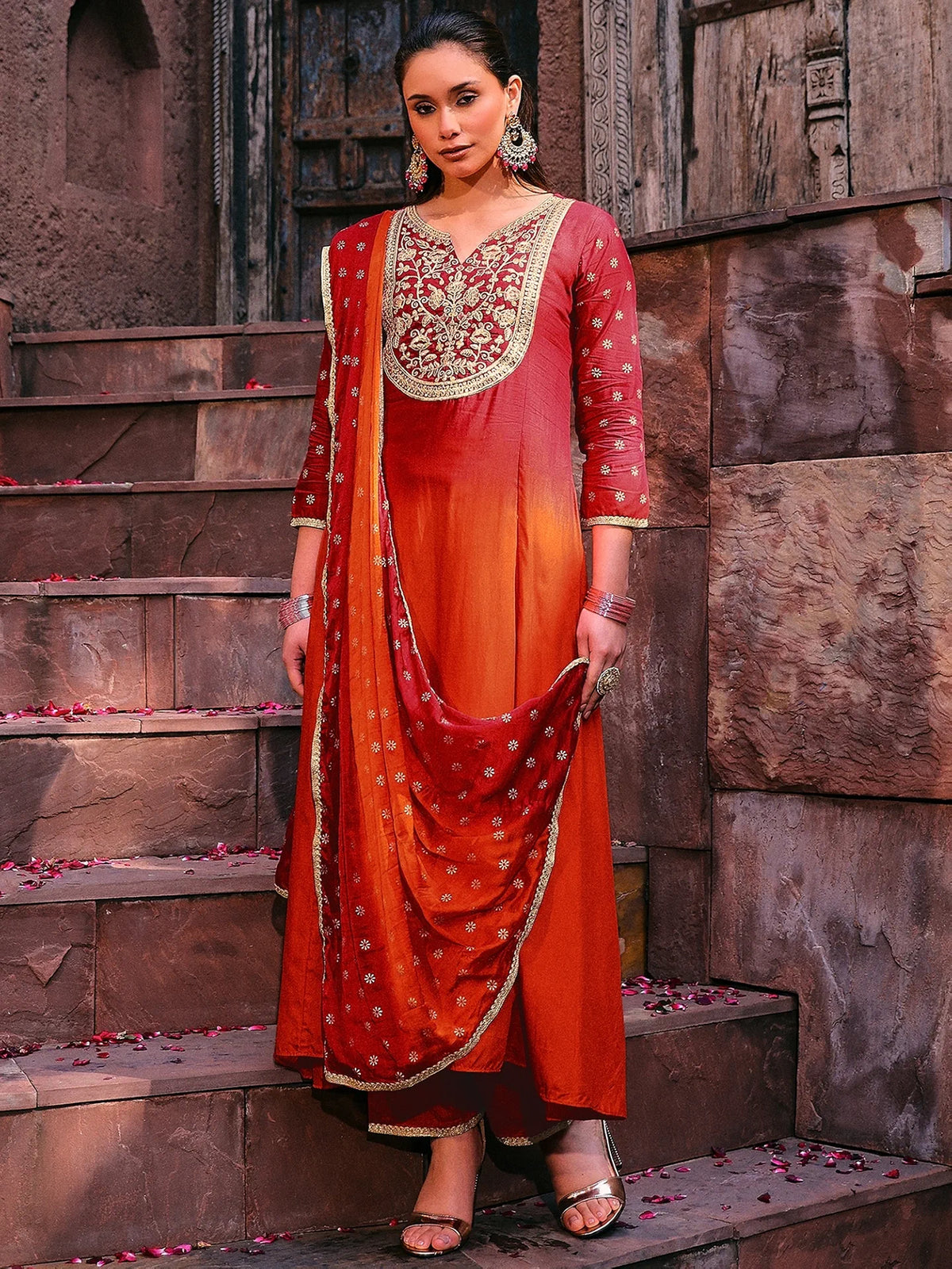 Orange Viscose Embroidered Kurta & Pant With Duptta