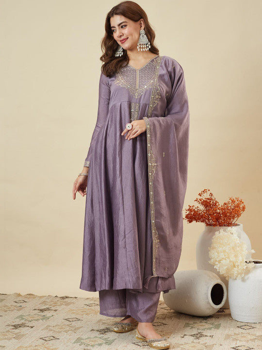 Adevira Silk Embroidered Anarkali Kurta And Palazzo Set With Dupatta