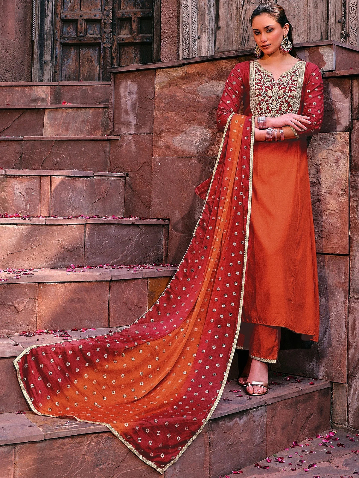 Orange Viscose Embroidered Kurta & Pant With Duptta