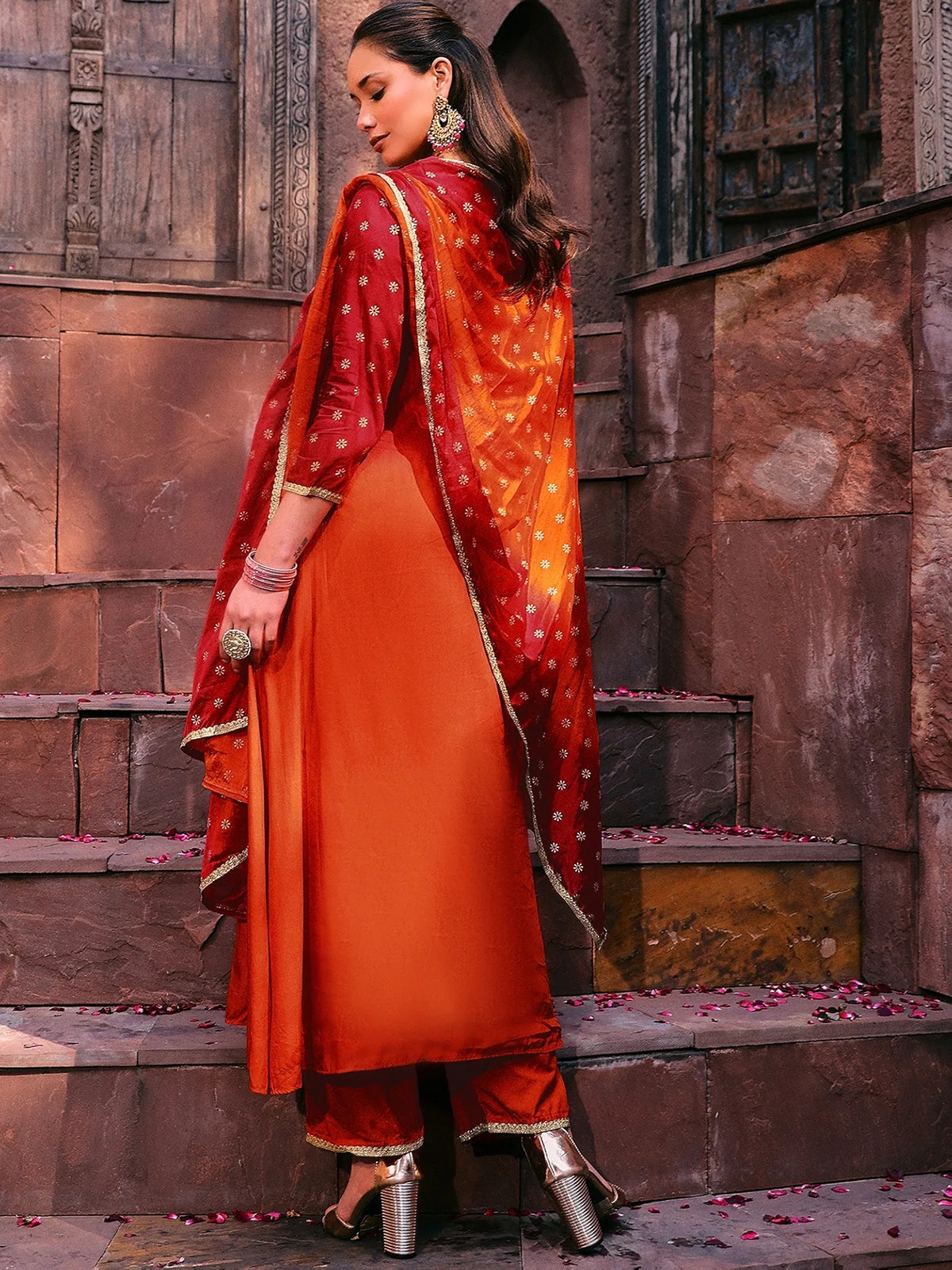 Orange Viscose Embroidered Kurta & Pant With Duptta