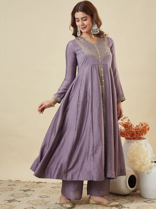Adevira Silk Embroidered Anarkali Kurta And Palazzo Set With Dupatta
