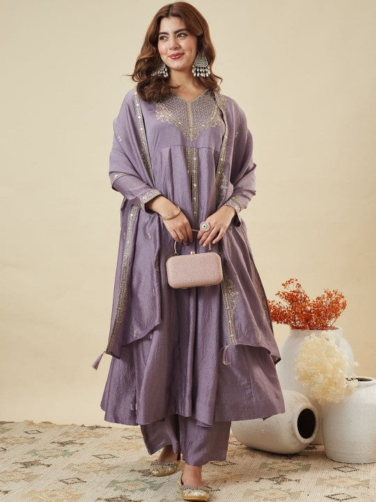 Adevira Silk Embroidered Anarkali Kurta And Palazzo Set With Dupatta