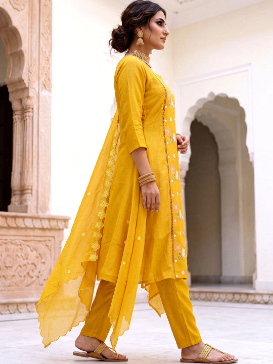 Adevira Floral Embroidered Work Silk Kurta with Trousers & Dupatta