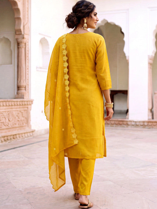 Adevira Floral Embroidered Work Silk Kurta with Trousers & Dupatta