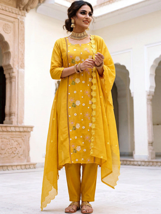 Adevira Floral Embroidered Work Silk Kurta with Trousers & Dupatta