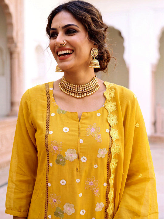 Adevira Floral Embroidered Work Silk Kurta with Trousers & Dupatta