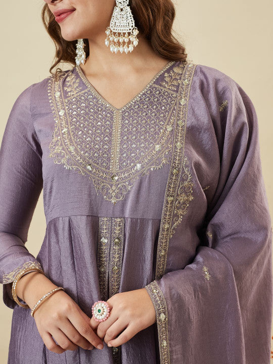 Adevira Silk Embroidered Anarkali Kurta And Palazzo Set With Dupatta