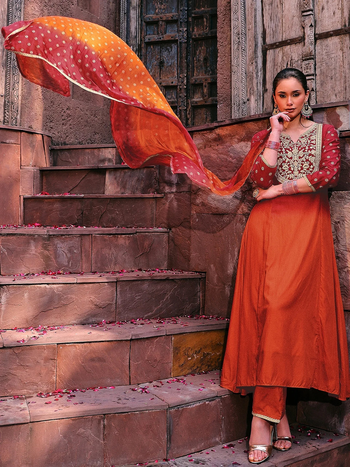 Orange Viscose Embroidered Kurta & Pant With Duptta