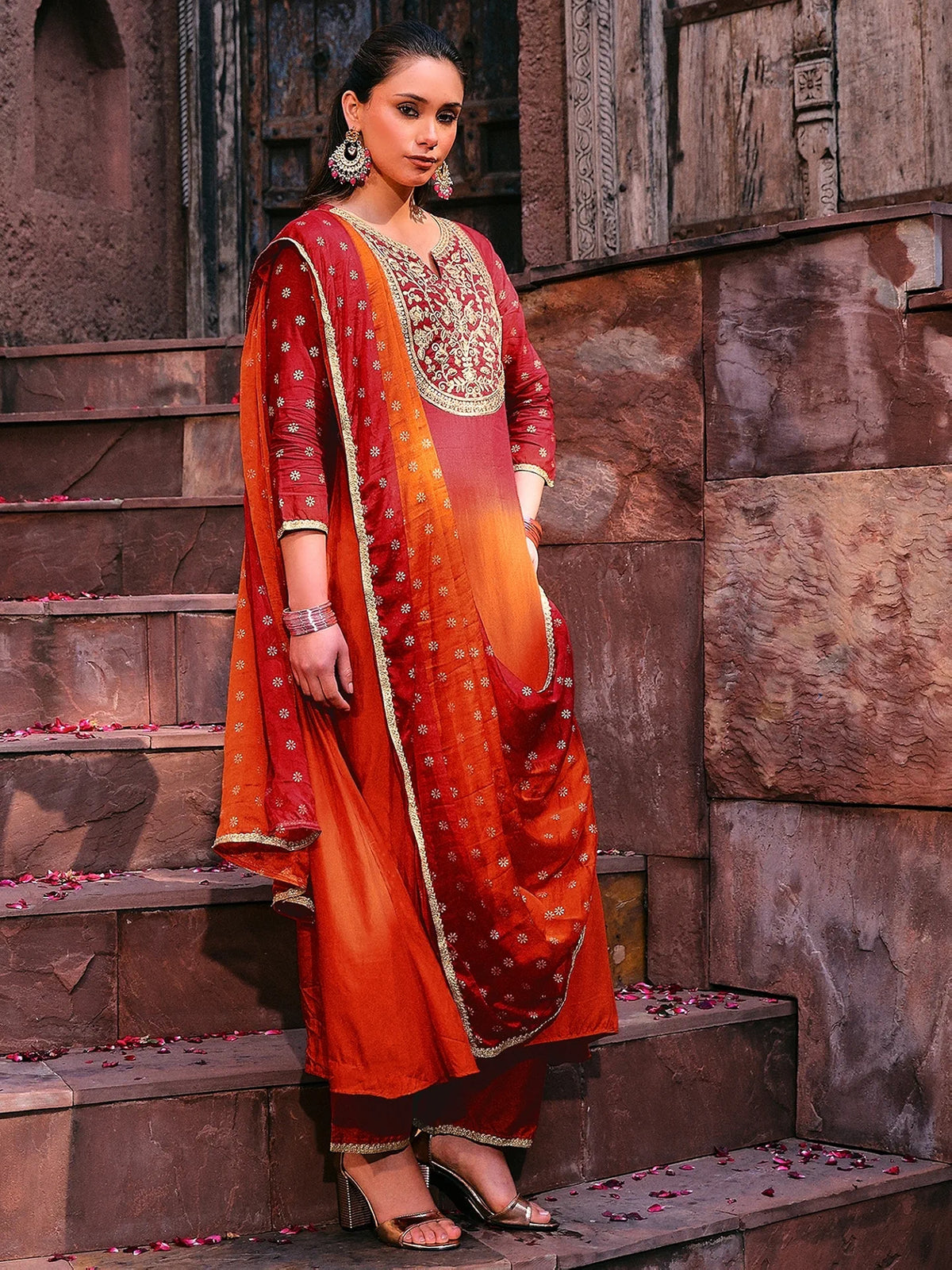 Orange Viscose Embroidered Kurta & Pant With Duptta