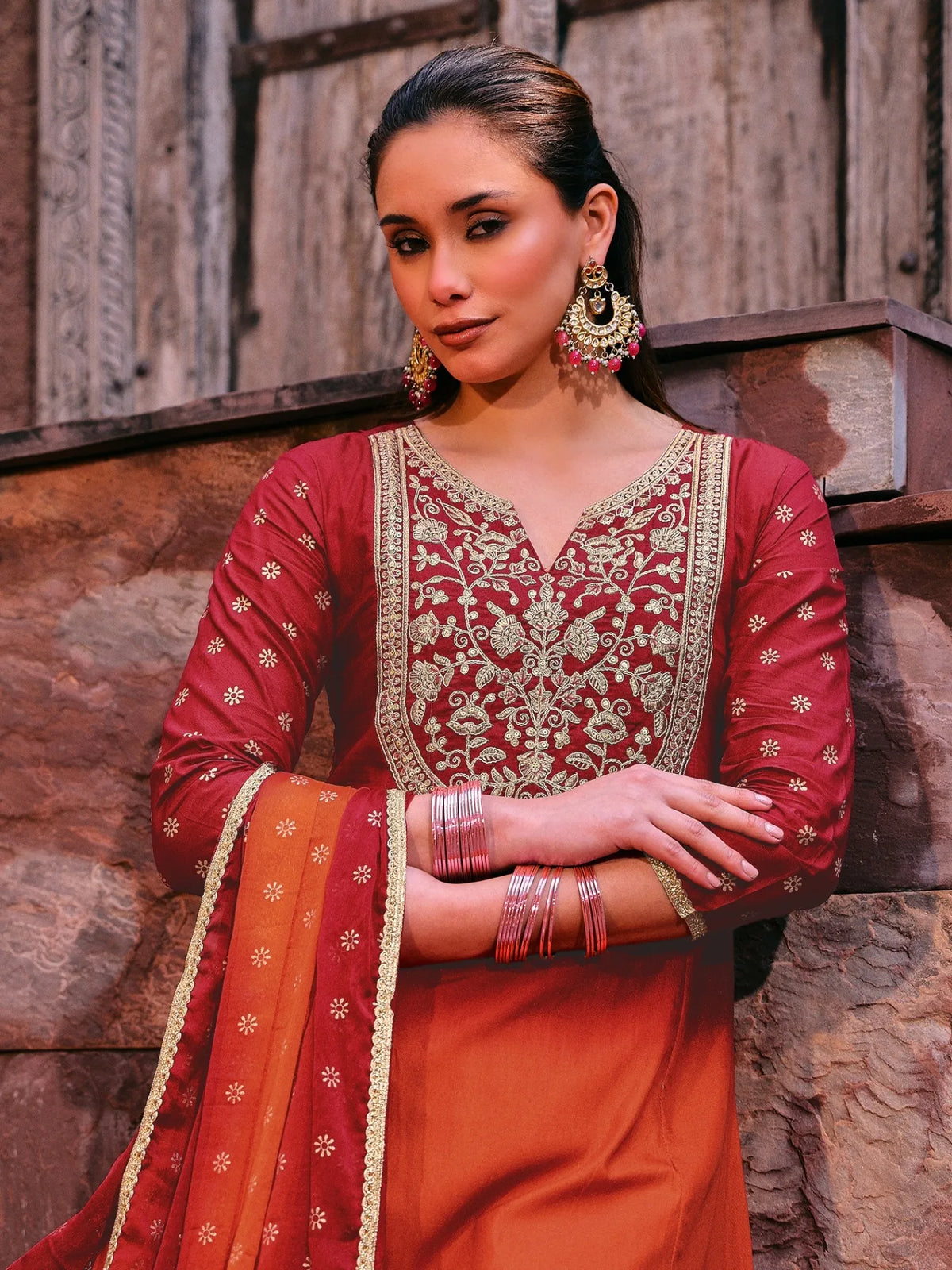 Orange Viscose Embroidered Kurta & Pant With Duptta