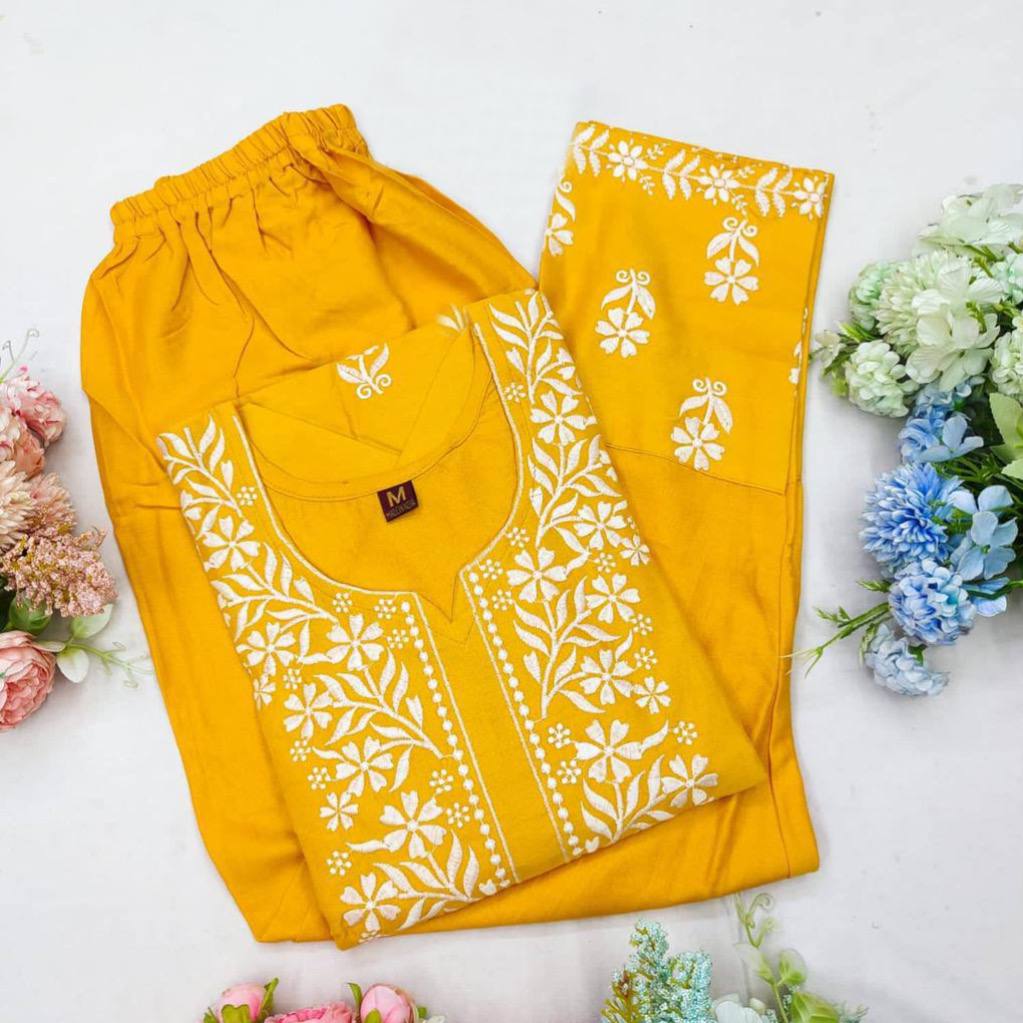 Adevira Yellow Chikankari Kurta Set