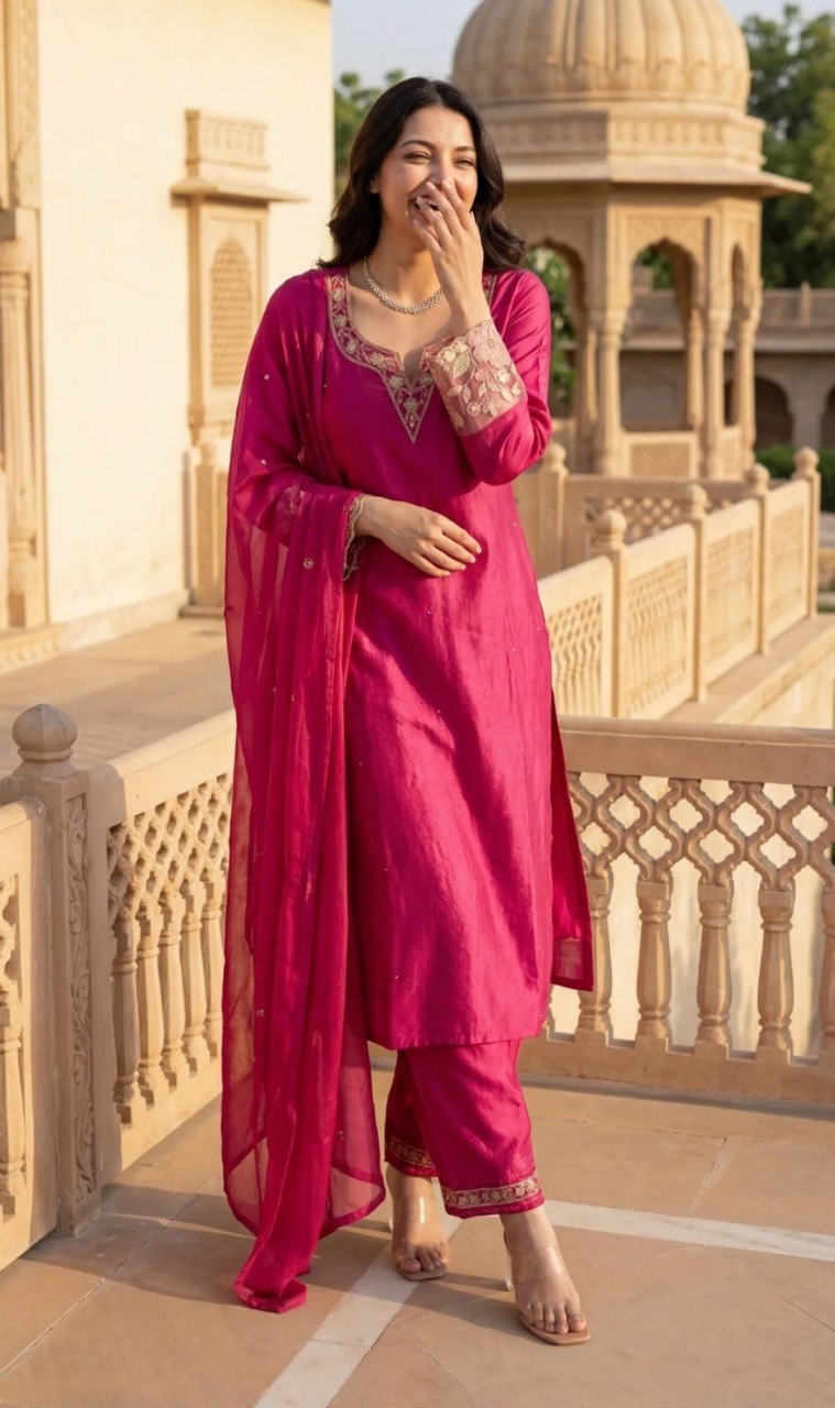 Adevira Ethnic Motifs Embroidered Kurta with Palazzos & Dupatta