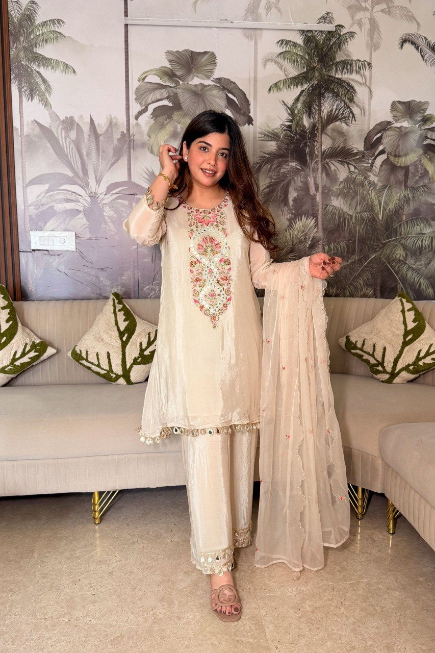 Adevira Chinon Embroidery Mirror Work Kurti With Bottom Dupatta