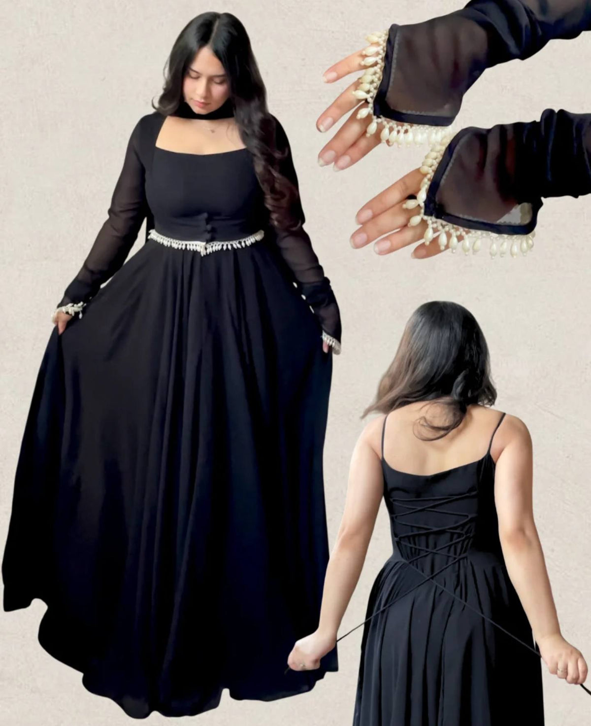 Black Flared Anarkali Gown with Elegant Square Neckline, Sheer Sleeves and Pearl