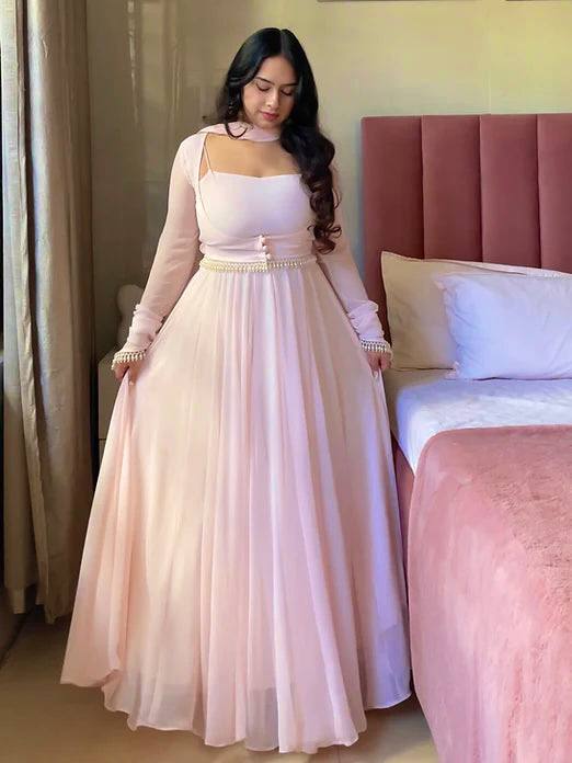 Blush Pink Flared Anarkali Gown with Elegant Square Neckline, Sheer Sleeves and Pearl