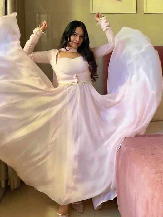 Blush Pink Flared Anarkali Gown with Elegant Square Neckline, Sheer Sleeves and Pearl