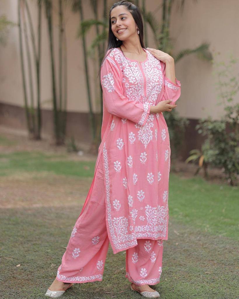 Adevira Peach Chikankari Kurta Set