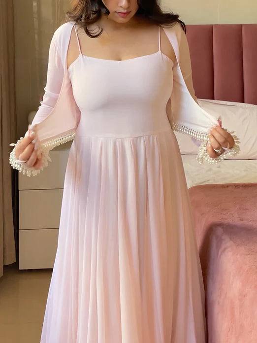 Blush Pink Flared Anarkali Gown with Elegant Square Neckline, Sheer Sleeves and Pearl