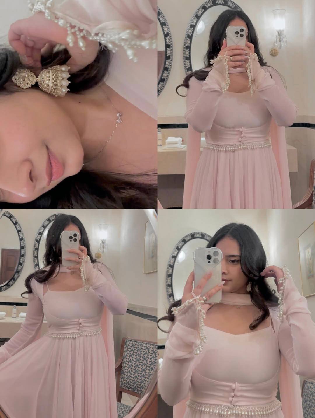 Blush Pink Flared Anarkali Gown with Elegant Square Neckline, Sheer Sleeves and Pearl