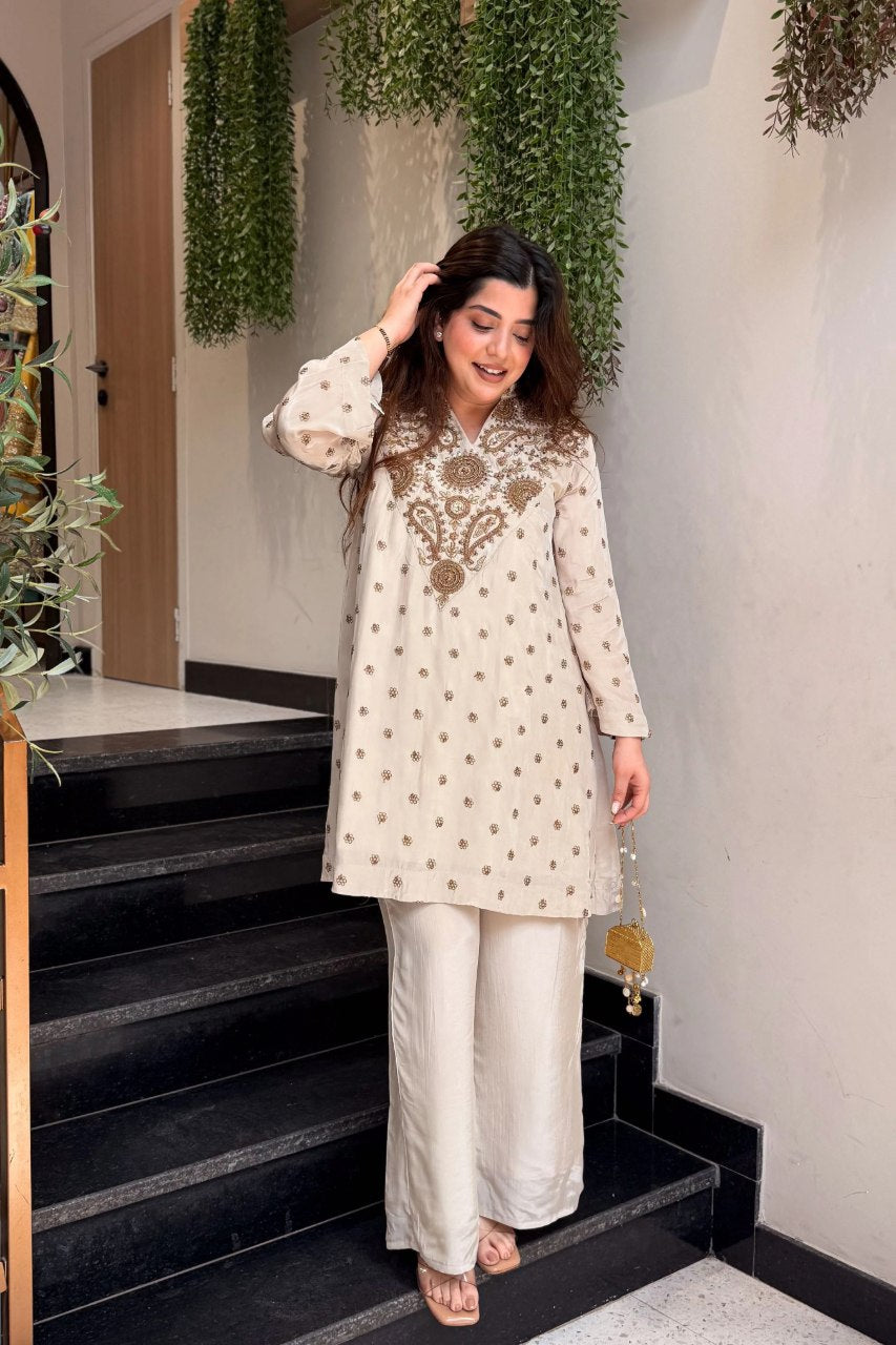 Women’s Ivory Embroidered Kurta Palazzo Set