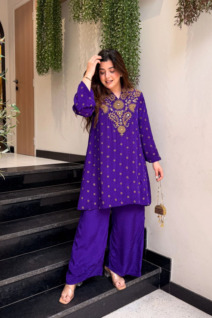 Women’s Purple Ivory Embroidered Kurta Palazzo Set
