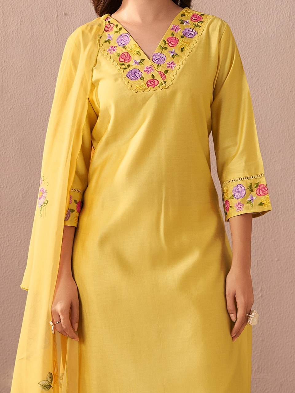 Yellow Embroidered Straight Kurta Trousers With Dupatta Set