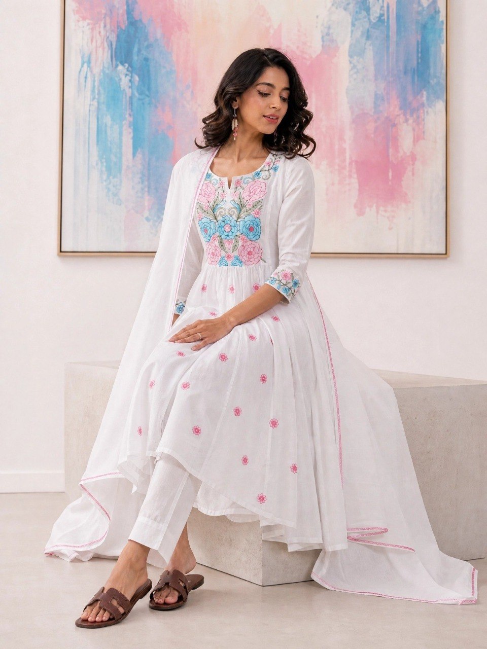 Adevira Off White Embroidered A-Line Kurta Trousers With Dupatta set